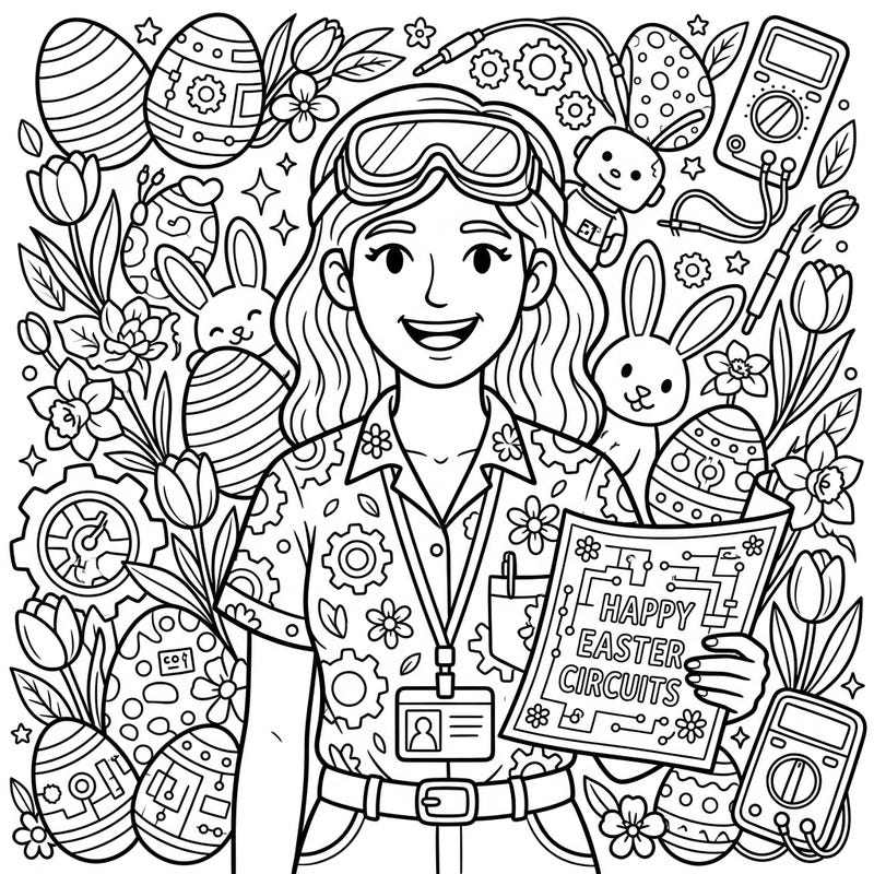 Dive into a uniquely festive coloring experience with this engaging page featuring a cheerful engineer celebrating Easter. Discover a delightful blend of gears, circuits, bunnies, and blossoming spring flowers, all waiting for your creative touch.