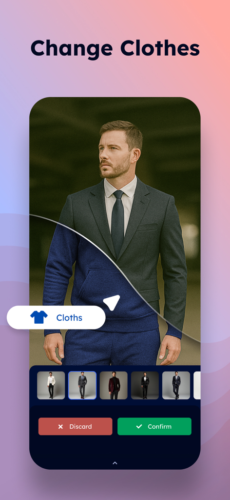 PixVibe: Magic Object Eraser - Interfaz de la aplicación PixVibe que muestra la función de cambio de ropa con IA con una vista previa dividida de diferentes atuendos en un hombre