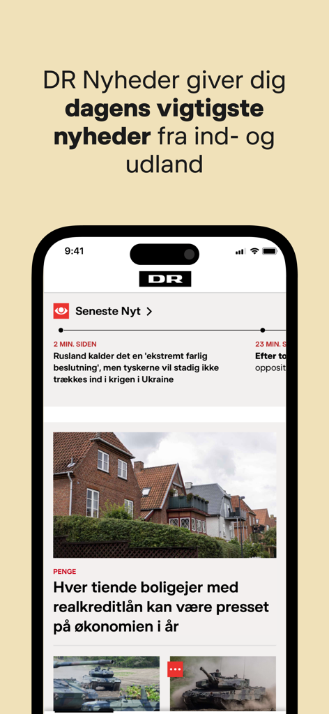 덴마크 뉴스 헤드라인을 표시하는 iPhone의 DR Nyheder 앱 인터페이스