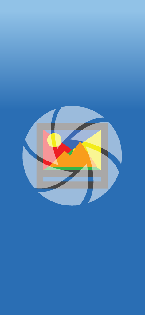 Logotipo do aplicativo Label Pics com um obturador de câmera e um ícone de imagem em um fundo azul