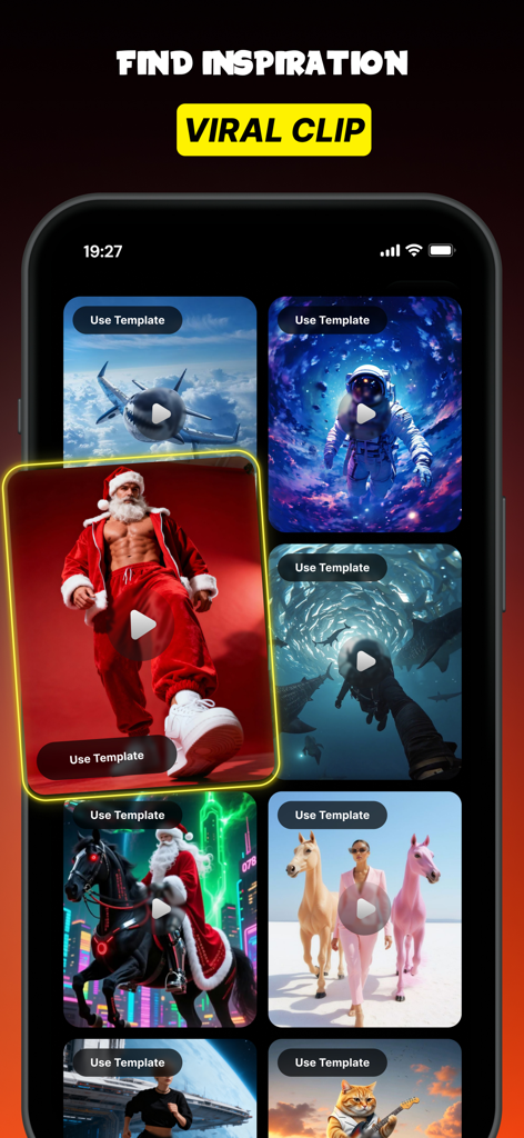 GenV - AI Video Generator - GenV mobile app screen showing a gallery of AI-generated video templates for creating viral social media clips.