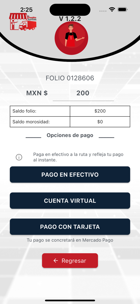 Mi Tiendita Juntos - Interfaz de la aplicación Mi Tiendita Juntos que muestra opciones de pago que incluyen efectivo, cuenta virtual y tarjeta de crédito para transacciones comerciales.