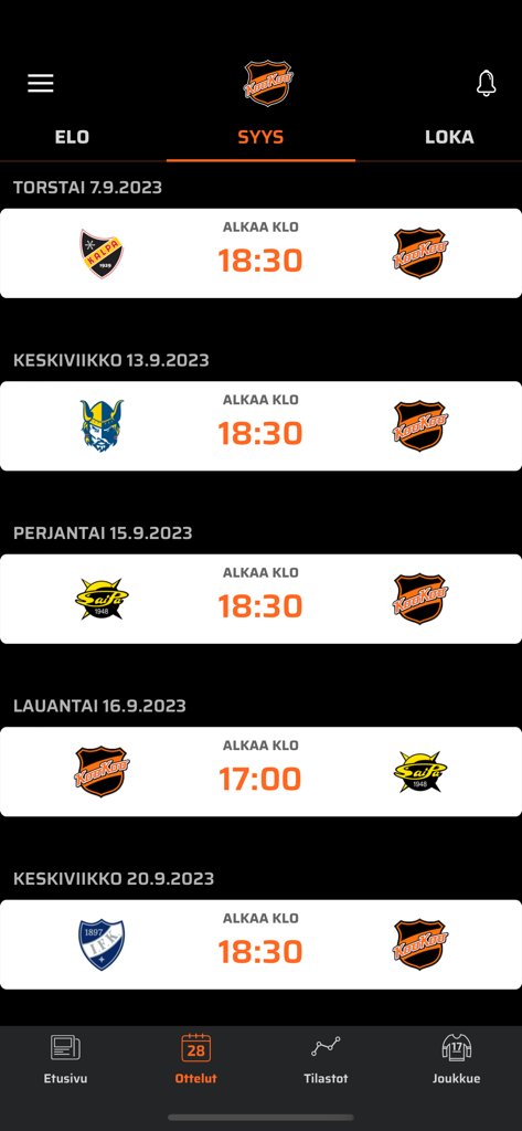 KooKoo-app - The KooKoo app interface displaying a list of upcoming ice hockey matches for the Finnish team