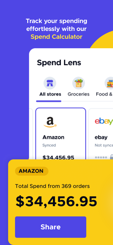 Buyhatke Price Tracker, Coupon - Buyhatke Spend Lens interface showing total Amazon spending and order history