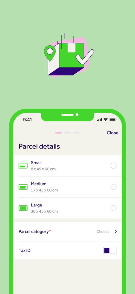 Screen of the BOX NOW app showing parcel size options including small medium and large with dimensions