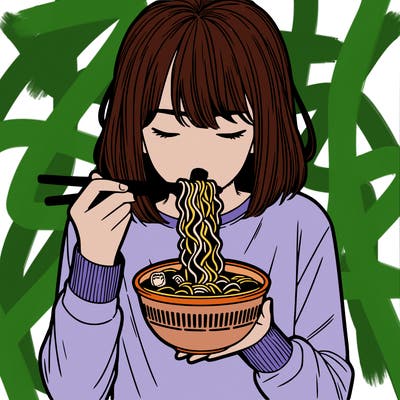 a girl realistic eating ramen noodles