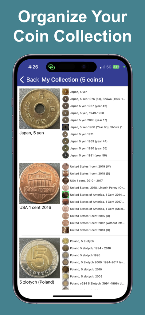 Screenshot of Coinoscope app showing a digital coin collection with identified Japanese American and Polish coins