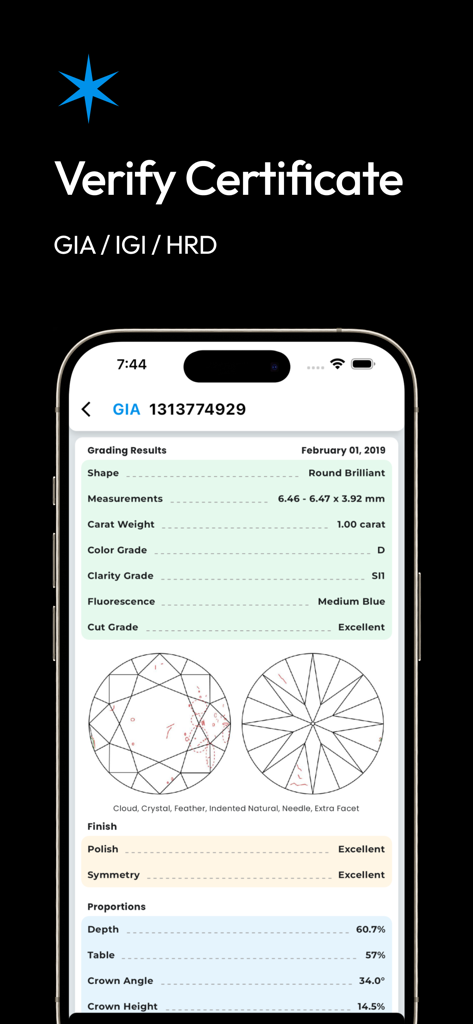 DRC - Diamond Rate Calc - DRC app screen displaying a detailed GIA diamond grading report