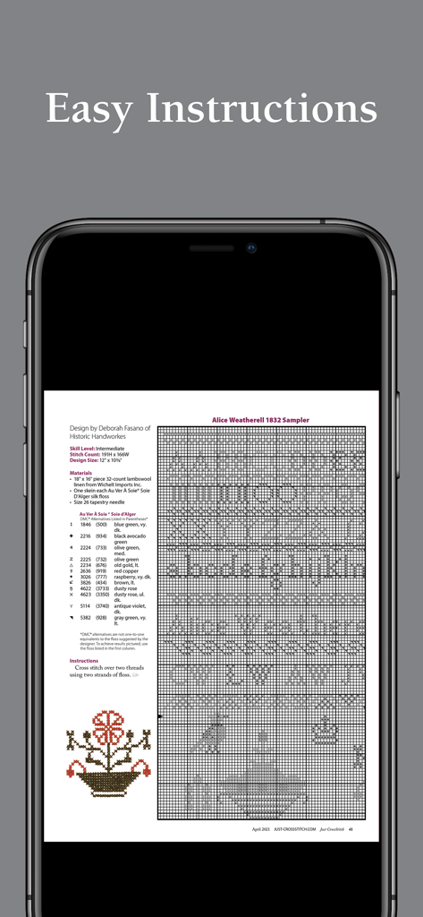 A detailed cross-stitch sampler chart with material list and instructions in the Just CrossStitch app.