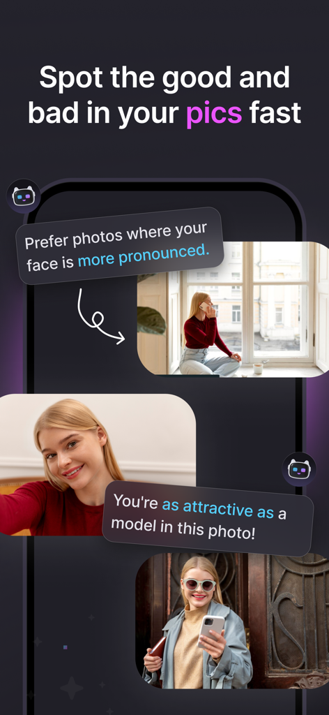 AI analyzing dating profile photos and providing feedback to improve social media and dating apps results