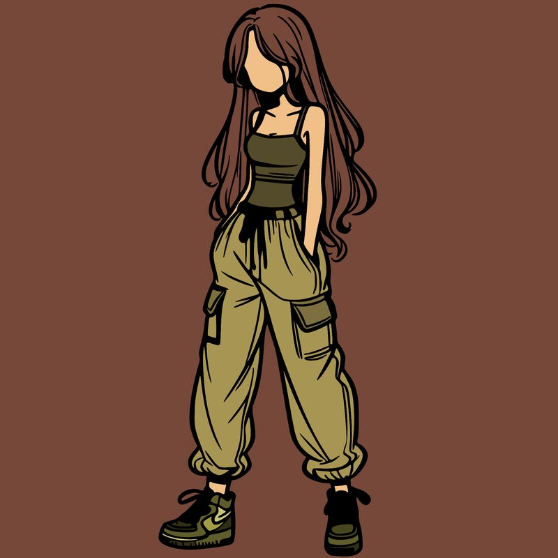 girl in baggy pants crop top and long hair