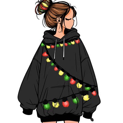 realistic girl with a oversized sweatshirt on and a bun