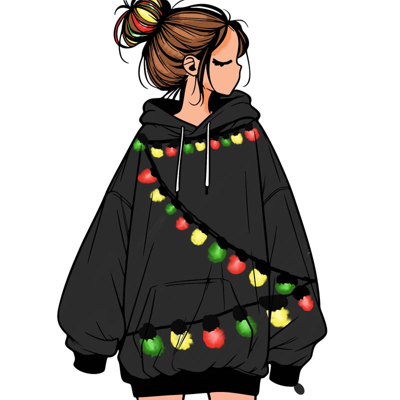 realistic girl with a oversized sweatshirt on and a bun