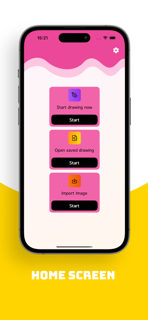 PixVesre: Art Studio Generator - Pantalla de inicio de la aplicación PixVerse que muestra botones para iniciar un dibujo, abrir dibujos guardados e importar imágenes