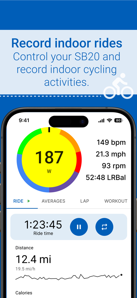 Stages Cycling - Interfaz de la aplicación Stages Cycling que muestra métricas de recorrido en interiores en tiempo real, incluyendo potencia, velocidad y frecuencia cardíaca