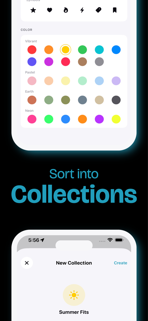 Interface of the Thrifted app showing how to sort clothing items into custom collections with various icons and colors
