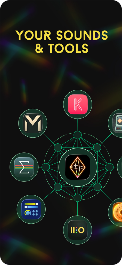 Prism MIDI Sequencer - Un diagrama que muestra el icono de la aplicación Prism MIDI Sequencer en el centro de una red de varias aplicaciones de producción musical y sintetizadores