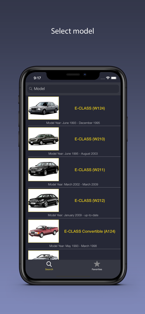 AutoParts for Mercedes Benz - Mobile app screen displaying a list of Mercedes-Benz E-Class models for selecting auto parts.