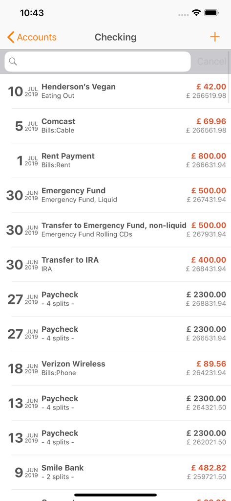 Histórico de transações e saldos de contas no aplicativo financeiro Moneydance.