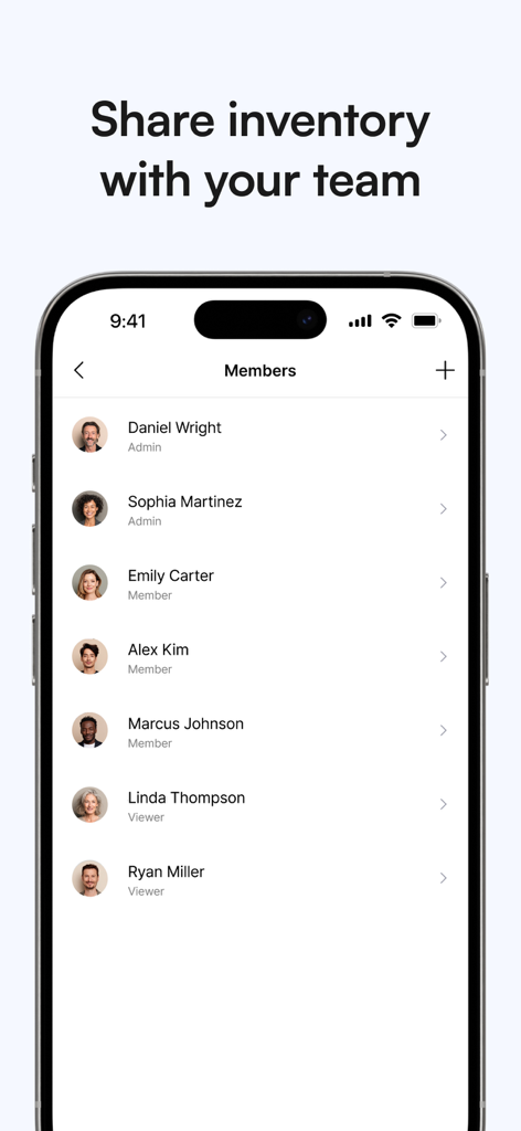 Smartphone screen showing a list of team members with specific access roles in the BoxHero inventory app