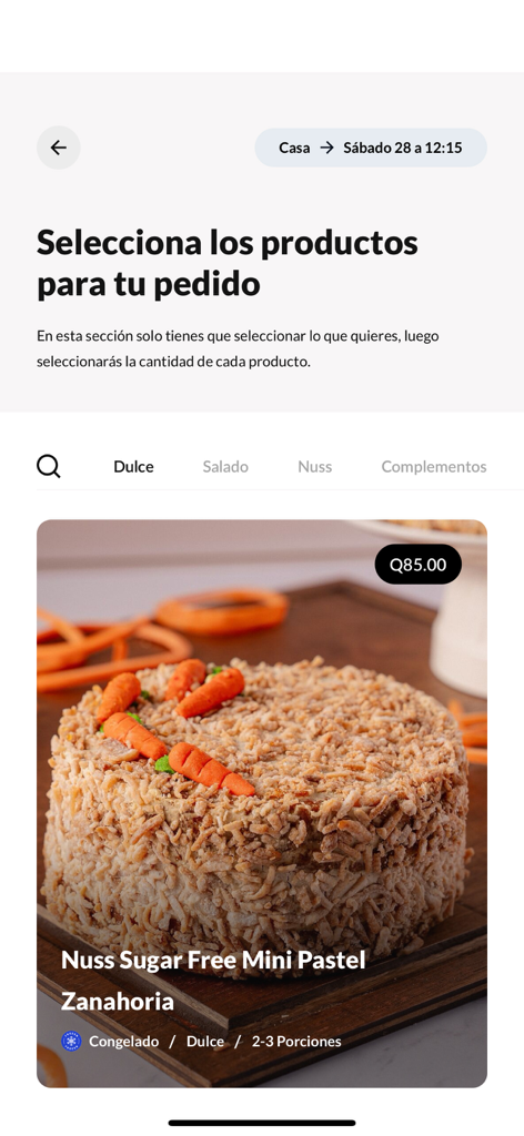 Genba - Pantalla de la aplicación Genba mostrando un mini pastel de zanahoria sin azúcar para entrega a domicilio