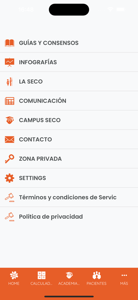 Menú de navegación de la aplicación médica SECO que muestra opciones para infografías de guías clínicas y recursos profesionales
