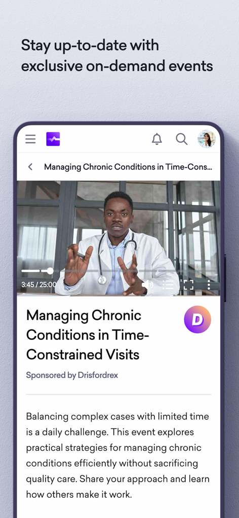 Sermo: Physician Network - Interfaz de la aplicación Sermo que muestra una presentación de video médico a pedido sobre el manejo de enfermedades crónicas