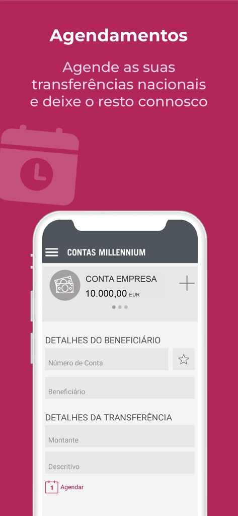 Interface of the M Empresas app showing how to schedule national transfers with beneficiary and transaction detail fields