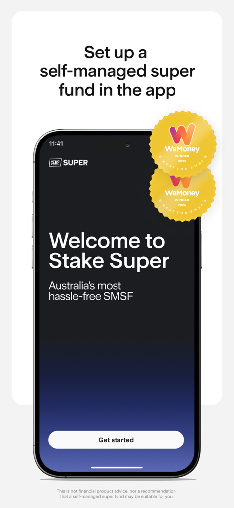 Stake – Stocks | ETFs | SMSF - Stake app screen for setting up a self-managed super fund with award badges