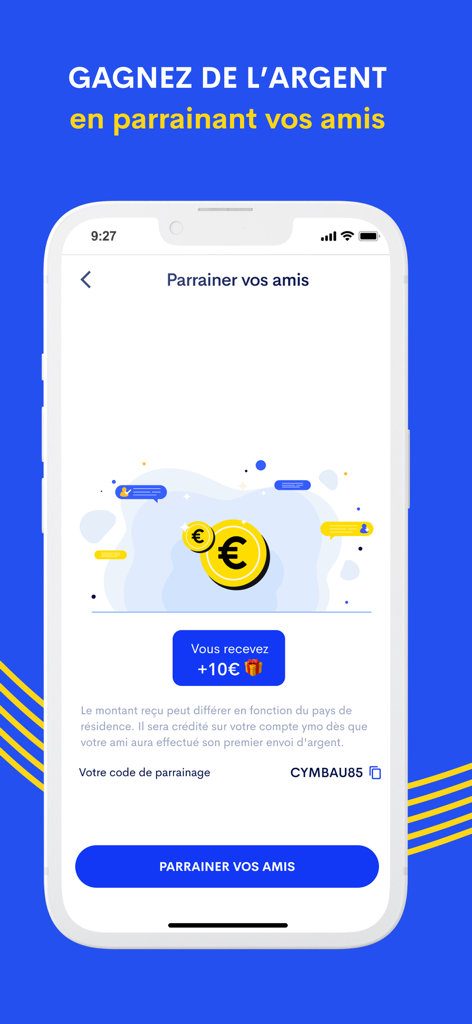 YMO - Transfert d'argent - YMO app referral screen offering a ten euro reward for inviting friends to the money transfer service