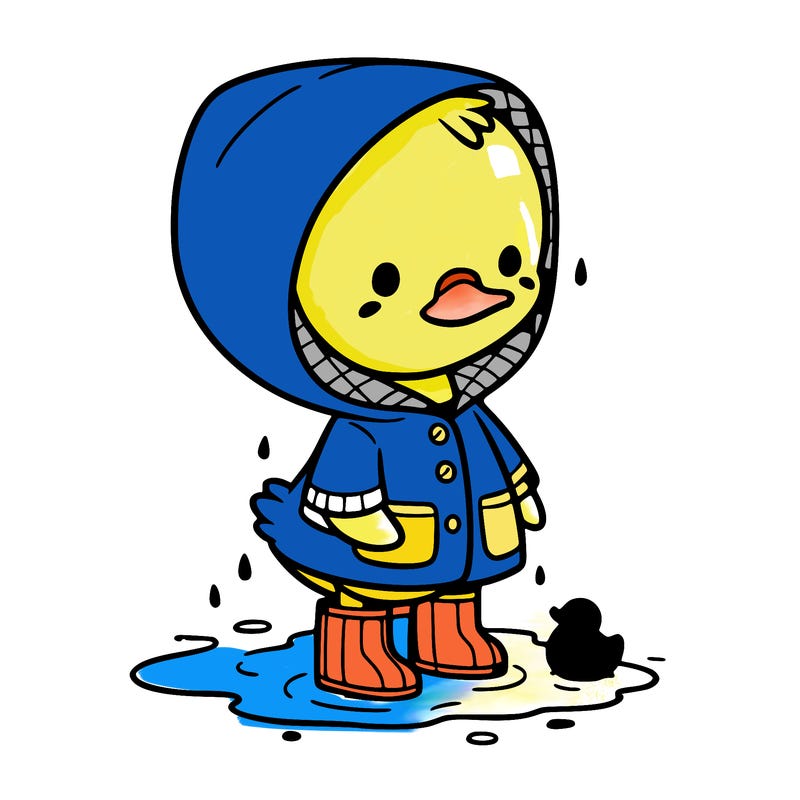 baby duck in a rain coat and boots, in a puddle while it’s raining