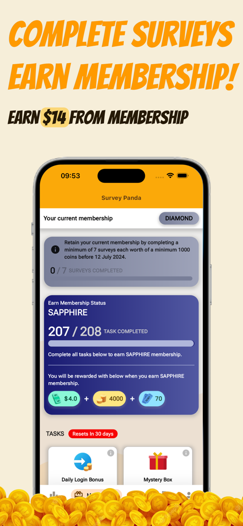 Earn Rewards with Survey Panda - Interface do aplicativo Survey Panda exibindo status de membro diamante e progresso de safira com recompensas em dinheiro