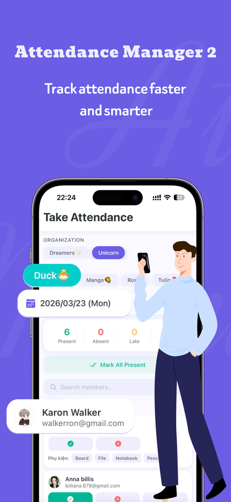 Attendance Manager 2 - Screenshot of Attendance Manager 2 mobile app interface showing the take attendance screen with member list and check-in options