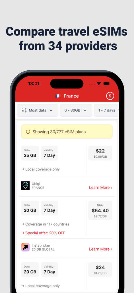 Mobile app interface comparing international travel eSIM data plans for France from multiple providers.