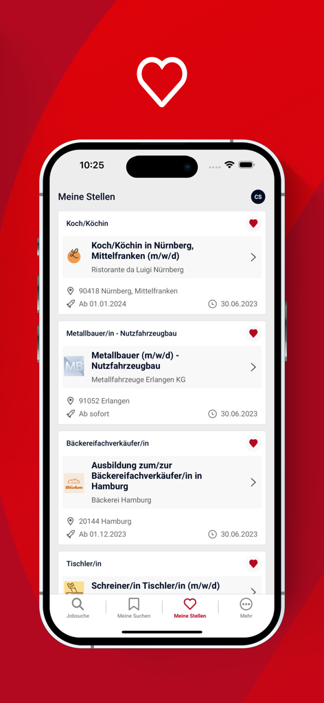 Lista de postagens de emprego salvas na interface do aplicativo móvel Jobsuche.
