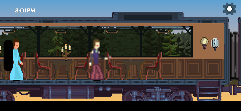 Ein Pixel-Art-Screenshot des Innenraums eines Zugspeisewagens mit zwei Charakteren in Mord im Orient-Express.