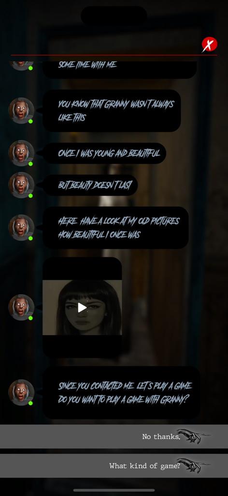 Scary Granny Contact Game - Interactive horror chat interface with Granny sharing old photos and asking to play a game