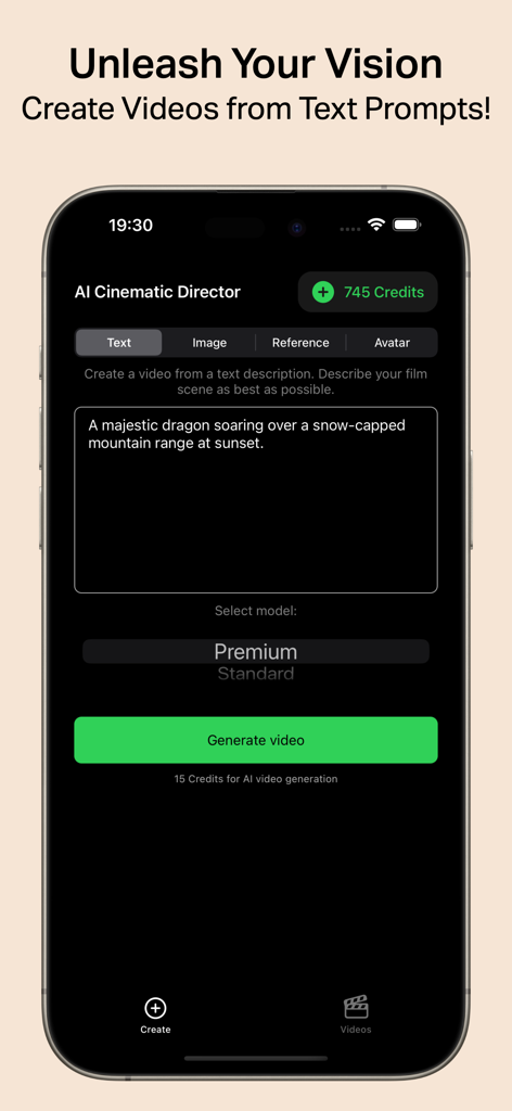Cinematic AI: Create AI Videos - Cinematic AI app interface for creating videos from text prompts.