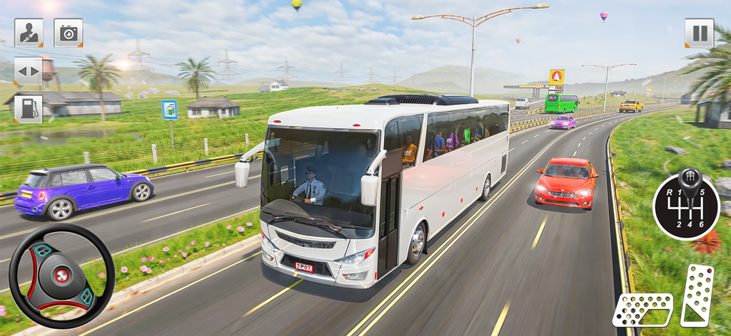Bus Simulator Driving Game 3D - 白いコーチバスが、ステアリングとギアコントロールを備えた3Dシミュレーションゲームの晴れた高速道路を走行中。