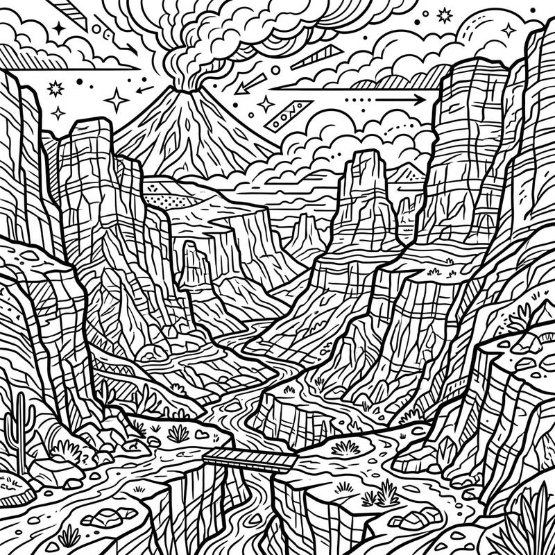 Dive into a thrilling Pop Art landscape featuring majestic volcanic canyons and an active volcano. This dynamic coloring page offers a unique blend of natural wonder and comic-book style excitement.