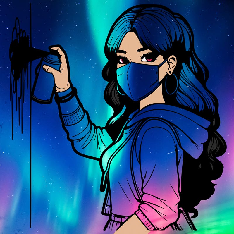 realistic girl with mask spray painting a wall