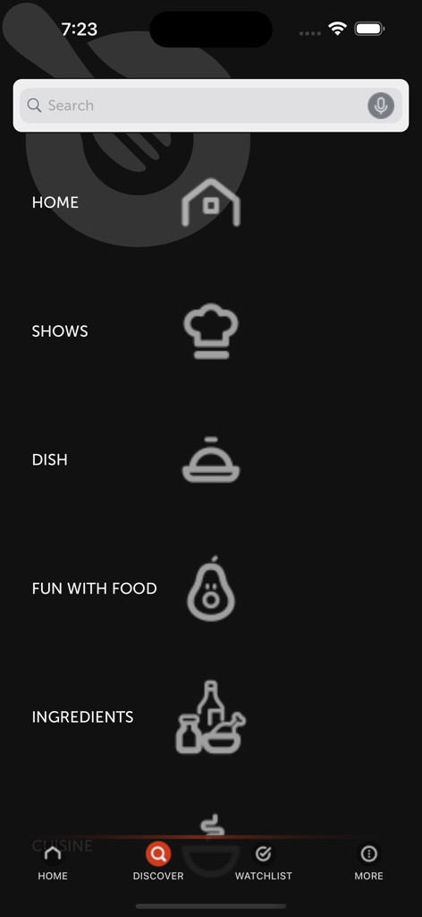 iFood.tv video recipes - Discover menu of the iFood.tv app showing categories like shows, dishes, and ingredients
