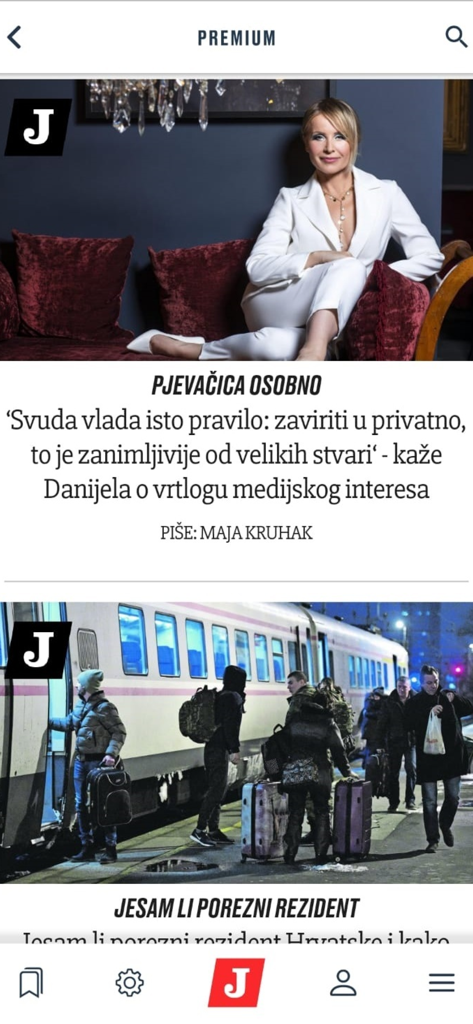 Die Benutzeroberfläche der Jutarnji list Nachrichten-App mit kroatischen Artikeln und Premium-Inhalten.