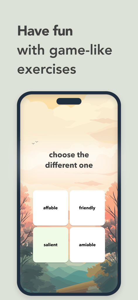 A game like vocabulary exercise in the Atlas app asking to choose the odd word out among synonyms