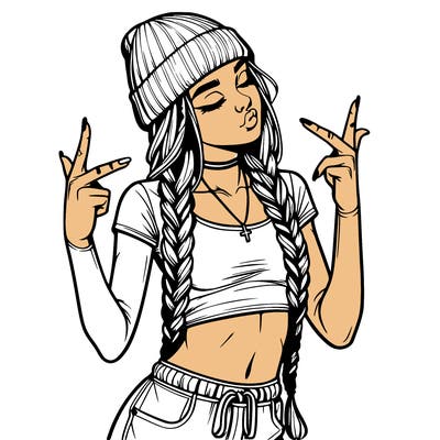realistic teenage girl with braids and a beanie and crop top doing 🫶🏼