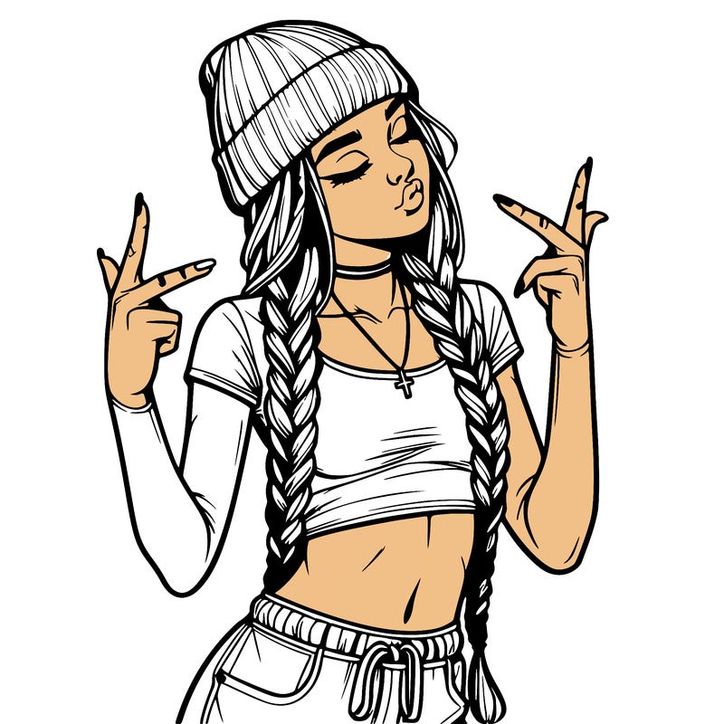realistic teenage girl with braids and a beanie and crop top doing 🫶🏼
