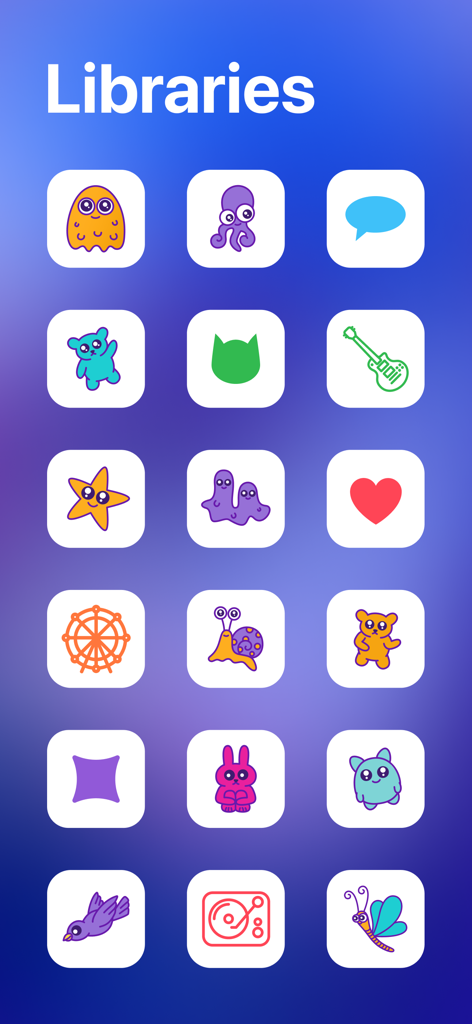 Amadine vector design app library featuring various colorful icons and characters
