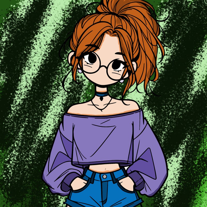 girl with a messy ponytail glasses a baggy crop top and jean shorts