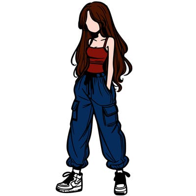 girl in baggy pants crop top and long hair