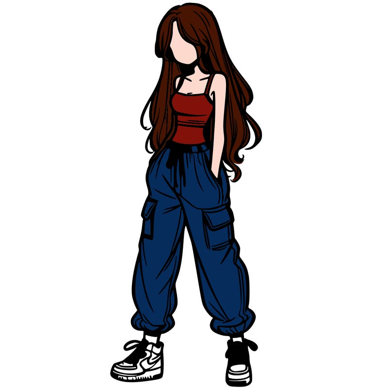 girl in baggy pants crop top and long hair